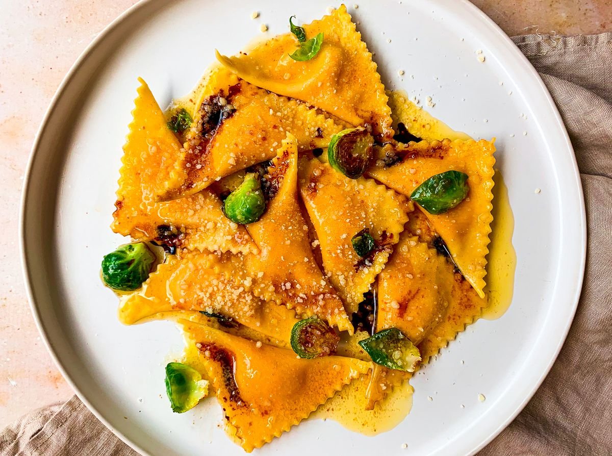 Squash & Brown Butter Tortelli With Brussels Sprouts & Balsamic