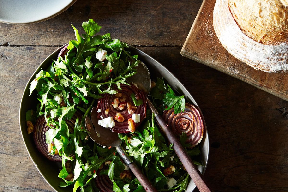 Roasted Onion Salad with Arugula and Walnut Salsa