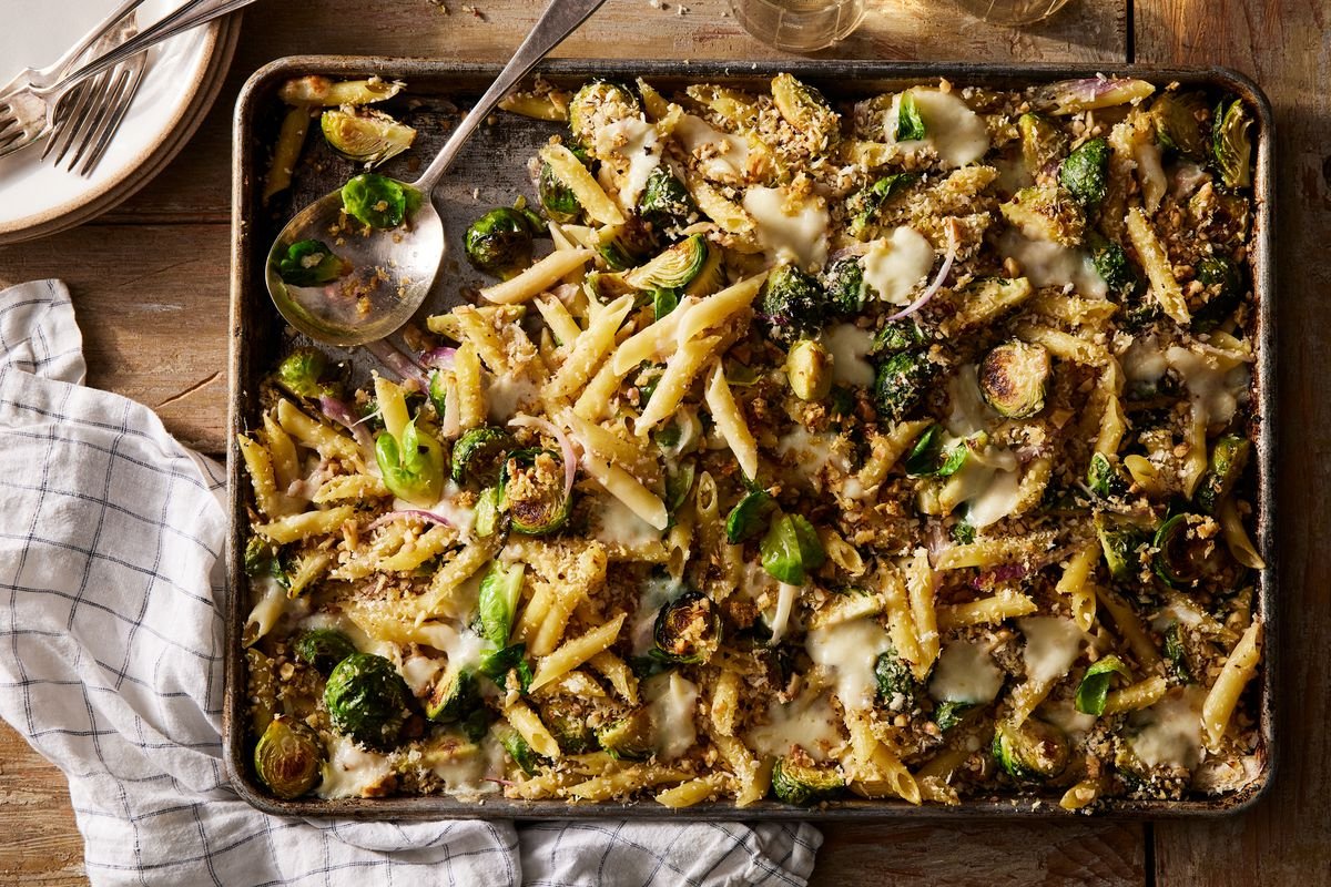 Sheet-Pan Pasta With Brussels Sprouts & Garlicky Walnut Crumbs