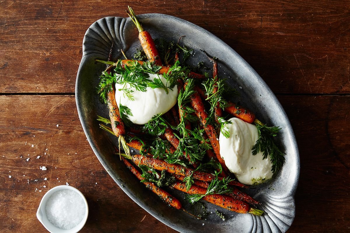 Roasted Carrots with Carrot Top Pesto and Burrata