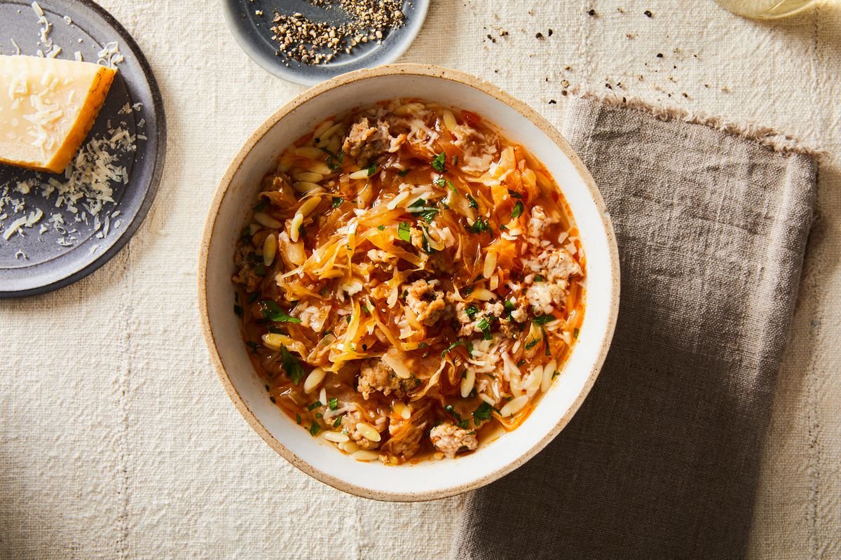 Cabbage, Italian Sausage & Orzo Soup With Parmesan