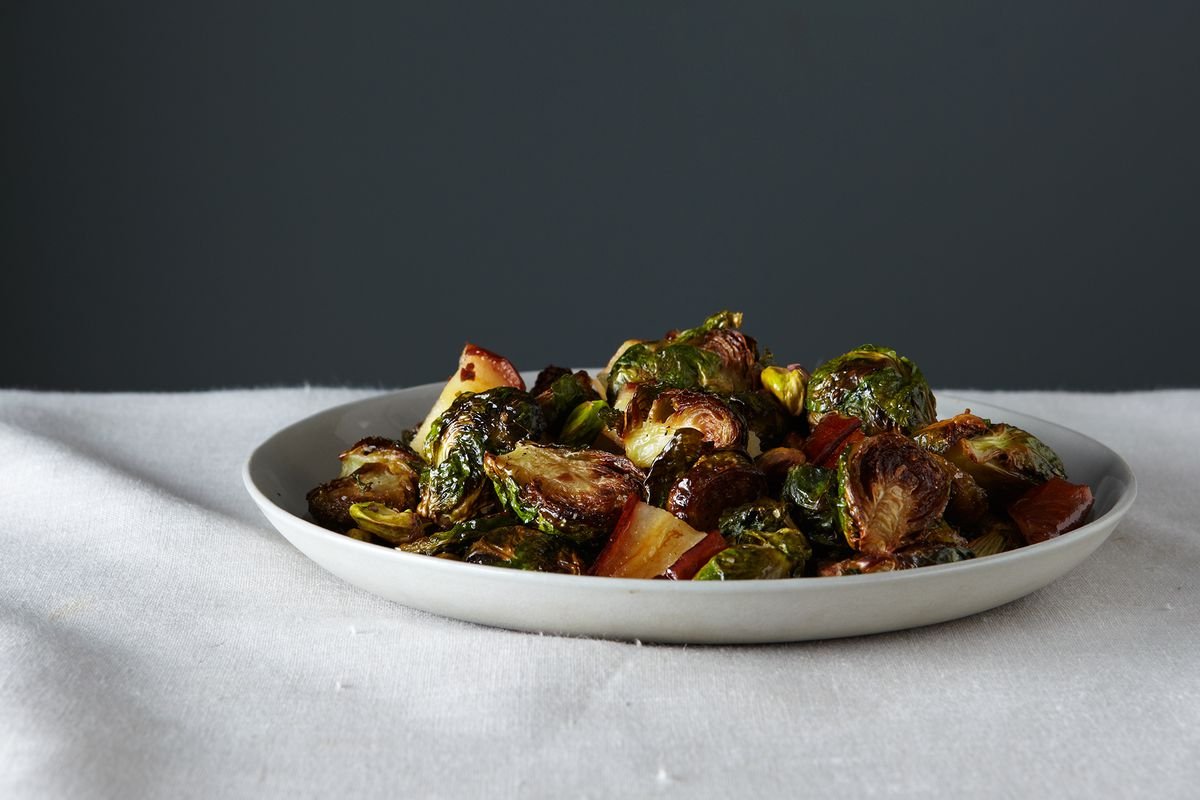 Roasted Brussels Sprouts With Pears & Pistachios