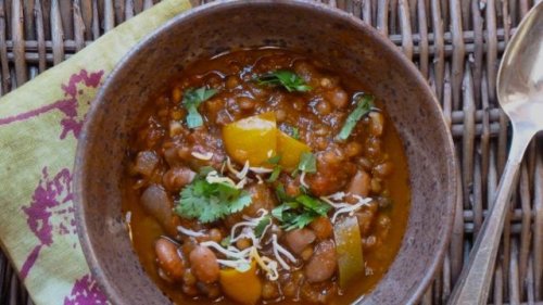Lentil and Bean Chili with Eggplant and Sweet Peppers