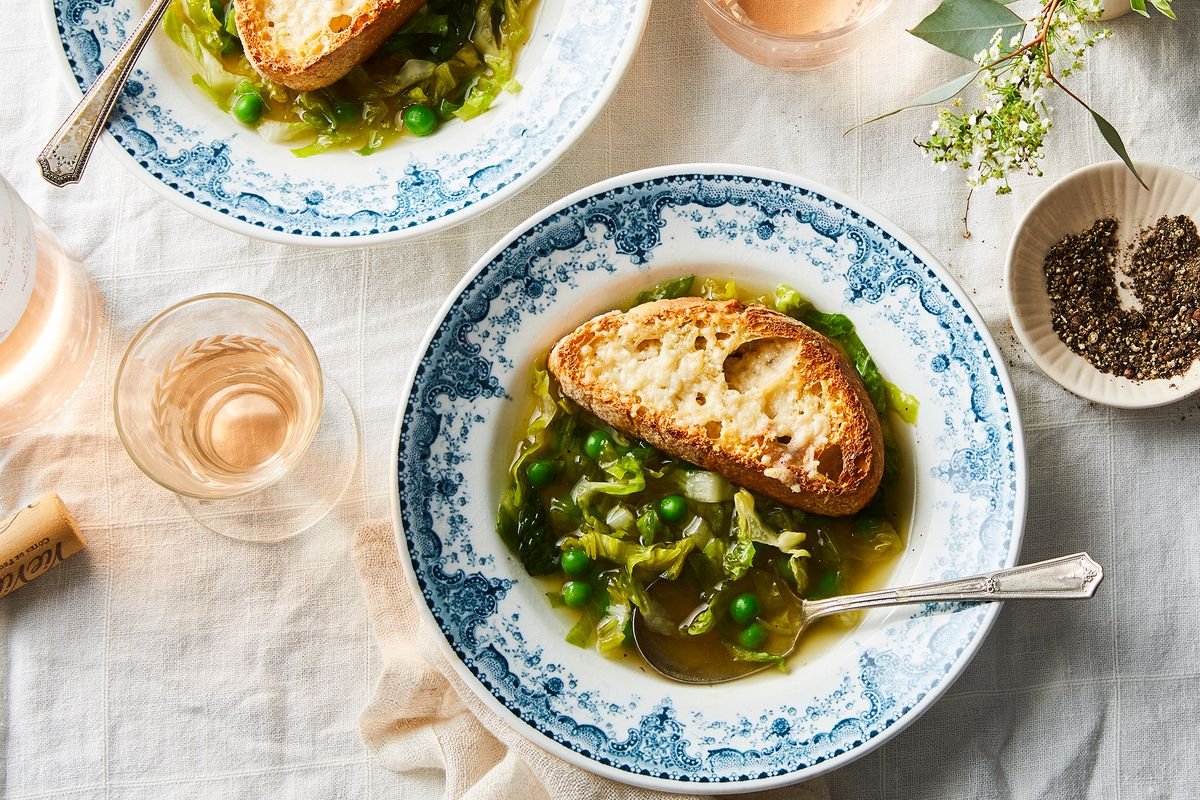 Nigel Slater’s Minty Pea Soup with Parmesan Toasts