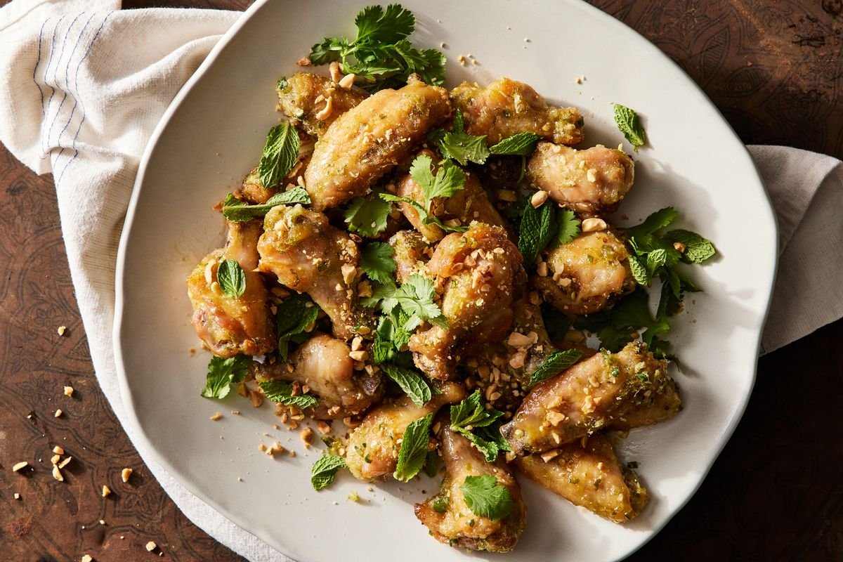 Sticky Fish Sauce Chicken Wings With Peanuts & Herbs