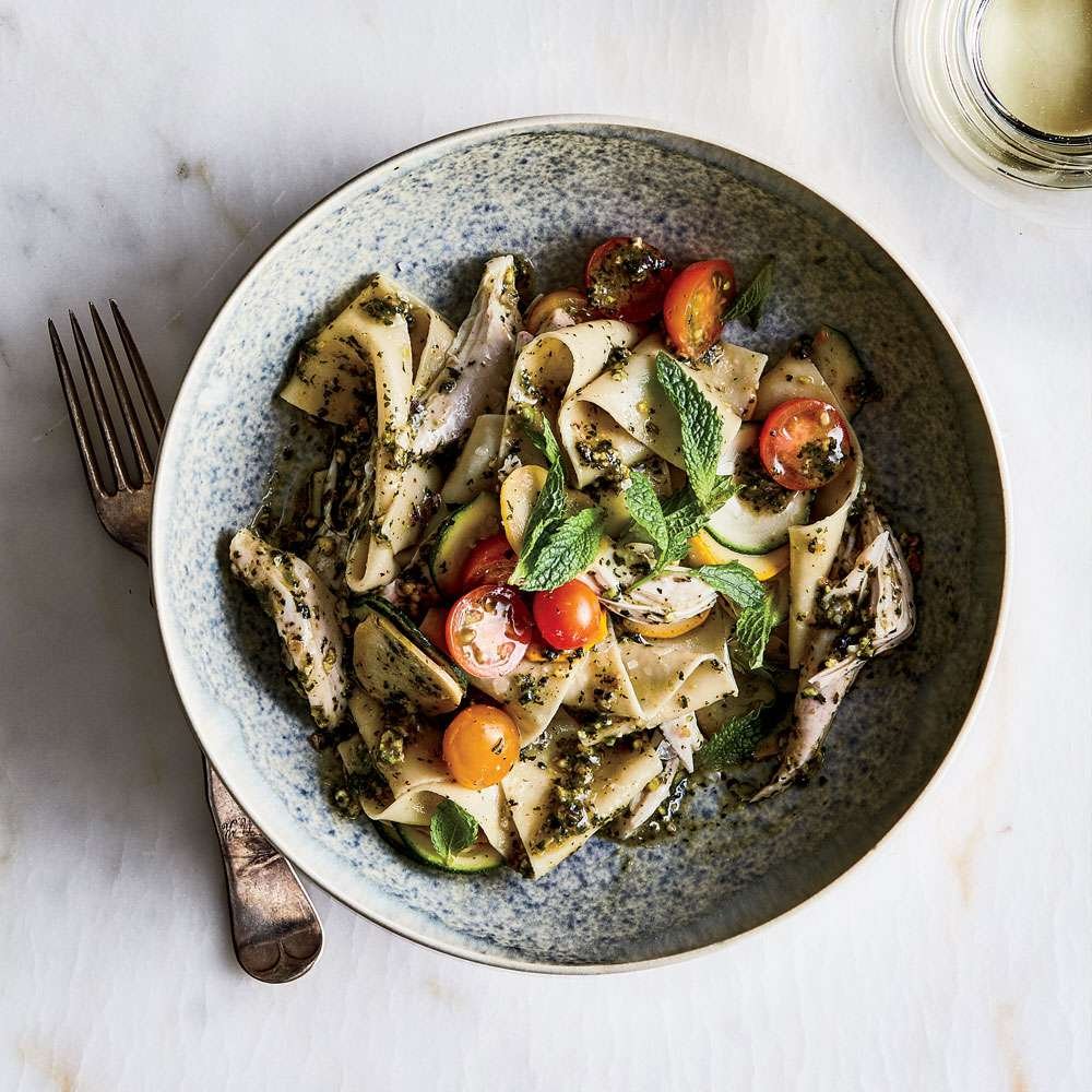 Pappardelle with Chicken and Pistachio-Mint Pesto