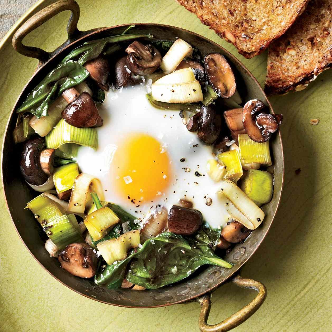 Eggs Baked Over Sautéed Mushrooms and Spinach
