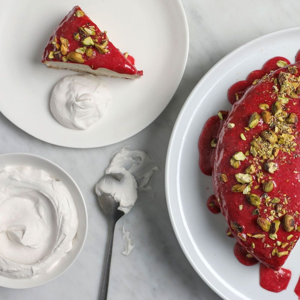 Coconut Milk Cake with Pistachios, Whipped Coconut Cream and Strawberry Glaze