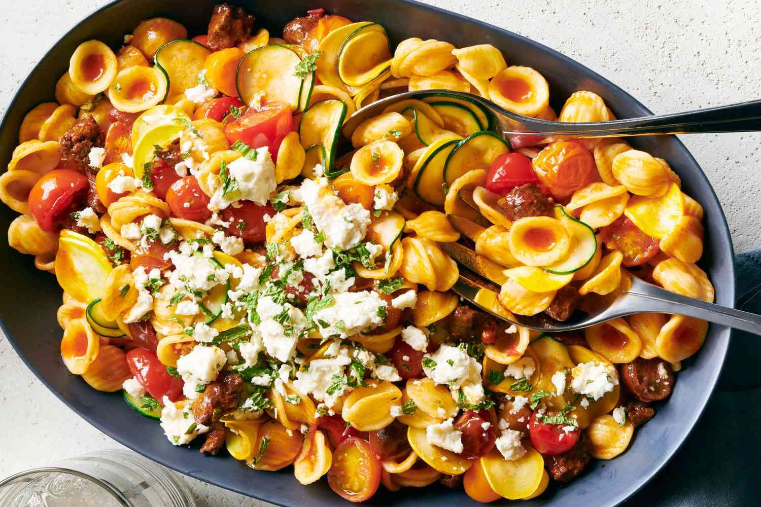 Spicy Sausage Pasta with Tomatoes and Squash