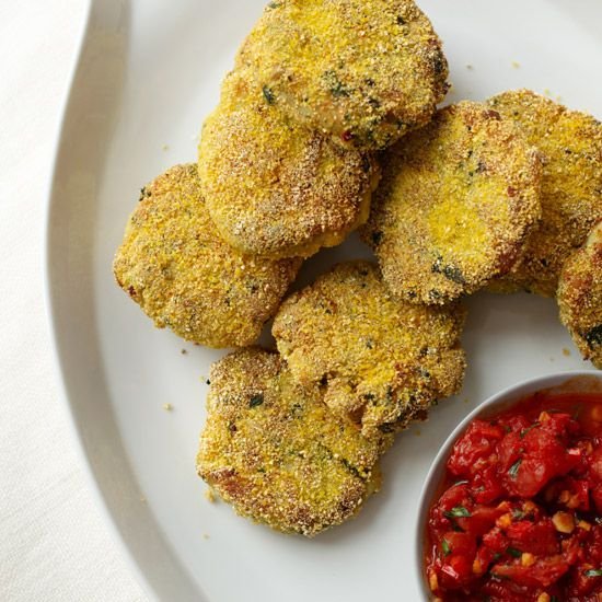 Polenta-Crusted Fish Cakes with Spicy Tomato Sauce