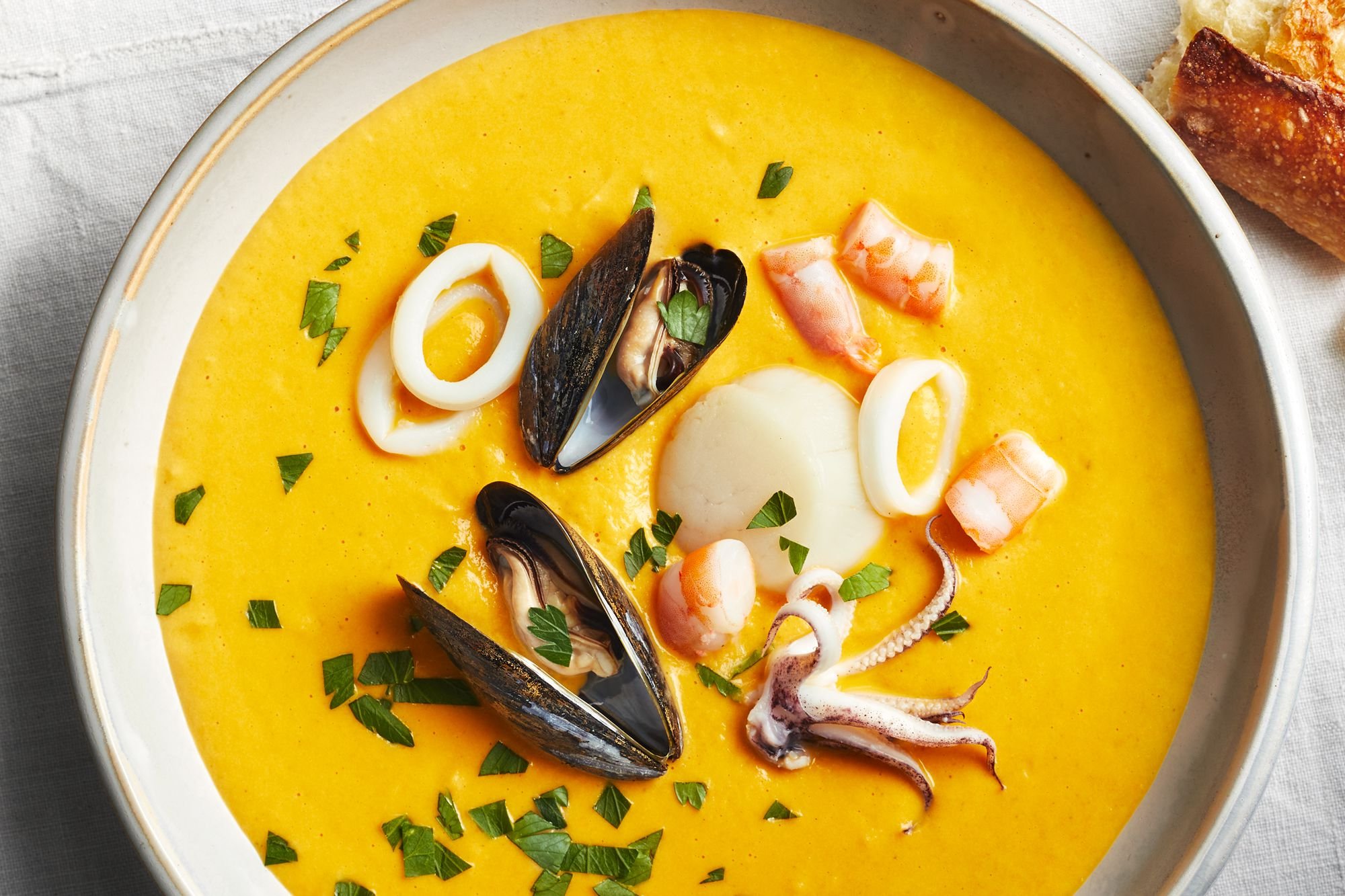 French Seafood Bisque with Baguette