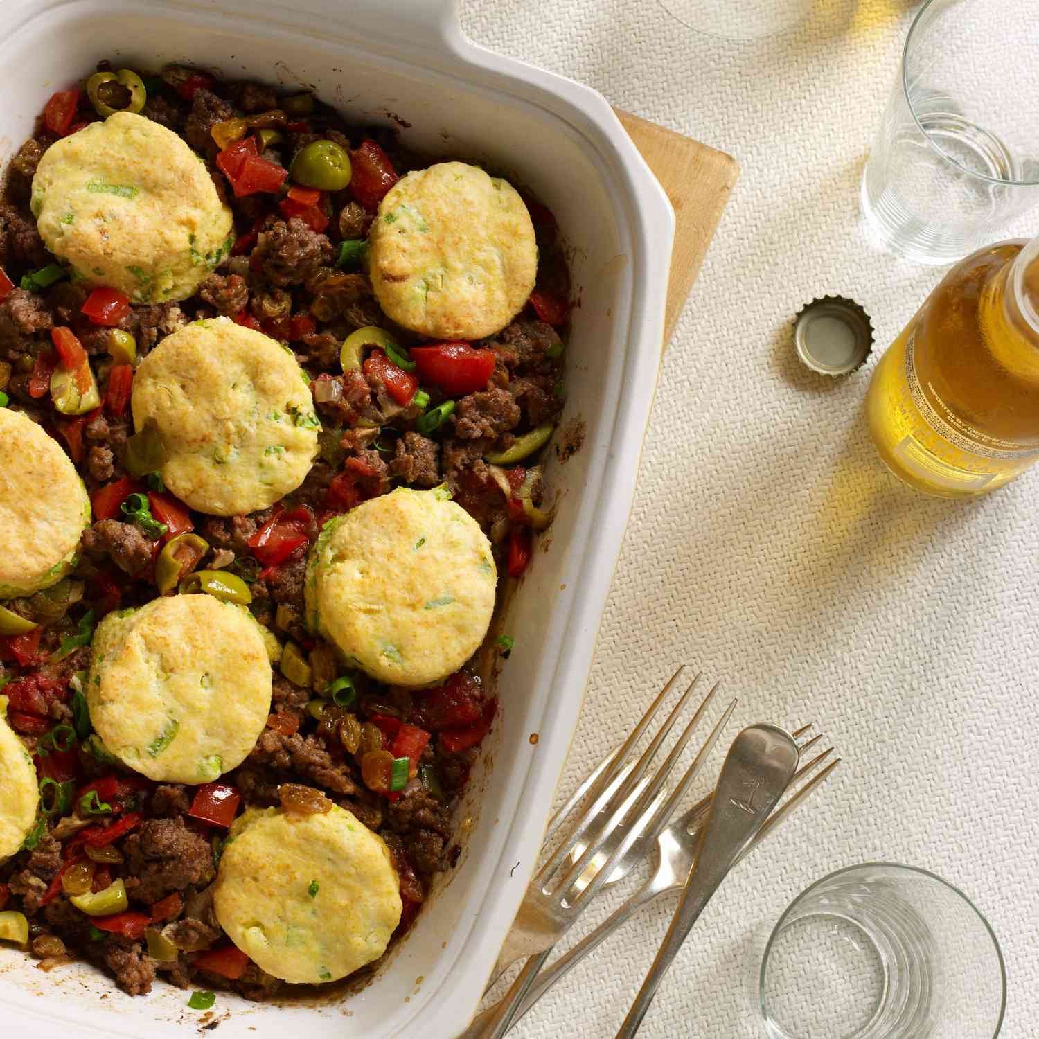 Picadillo Beef Casserole with Corn-Scallion Biscuit Topping