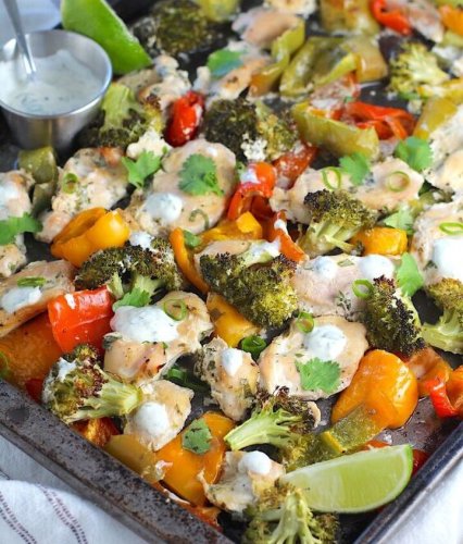 Cilantro Lime Yogurt Sauce for Chicken, Peppers, and Broccoli