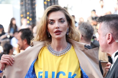 Supermodel Alina Baikova Supports Ukraine in Graphic Minidress and Blue Pumps at 2023 Cannes Film Festival