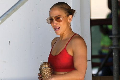 Jennifer Lopez Hits the Gym in Paisley-Print Leggings, Reds Sports Bra & Chunky Sneakers