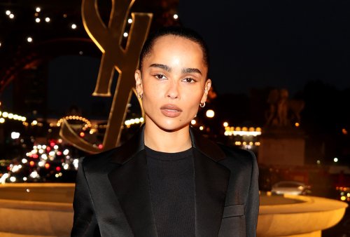 Zoe Kravitz Means Risky Business With Sleek Suiting in Sheer Skirt & Pumps at Saint Laurent’s Paris Fashion Week Spring 2023 Show