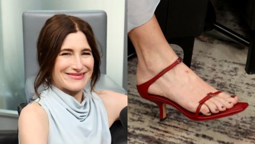 Kathryn Hahn Opts for Red Two-Strap Kitten Heel Sandal to Visit Sirius XM’s Andy Cohen Town Hall