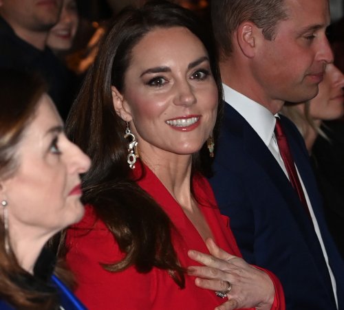 Kate Middleton Goes Red in Asymmetrical Blazer & Matching Pumps for ‘Shaping Us’ Pre-Launch With Prince William