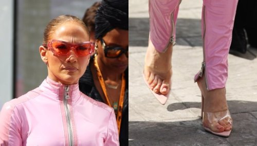 Jennifer Lopez Meets F1 in Pink Catsuit and Sheer Stiletto Mule Shoes for Saudi Arabia Grand Prix