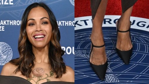 Zoe Saldaña Debuts Chest Tattoo and Rewears Strappy Saint Laurent Heels for 2025 Breakthrough Prize