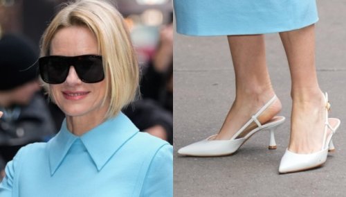Naomi Watts Promotes ‘The Friend’ in Baby Blue Dress and Crisp White Gianvito Rossi Slingbacks on ‘Good Morning America’
