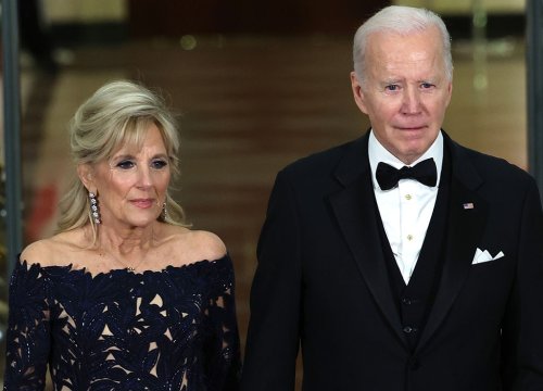 Jill Biden Holds Court in Botanical Lace Dress & Suede Pumps at White House State Dinner With Emmanuel & Brigitte Macron