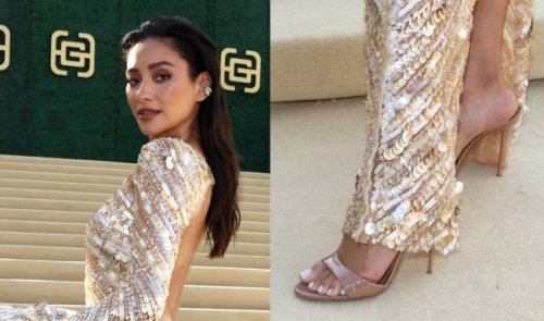 Shay Mitchell is Summer-Ready in Tan Patent Leather Mules at the 4th Annual Gold Gala in Los Angeles