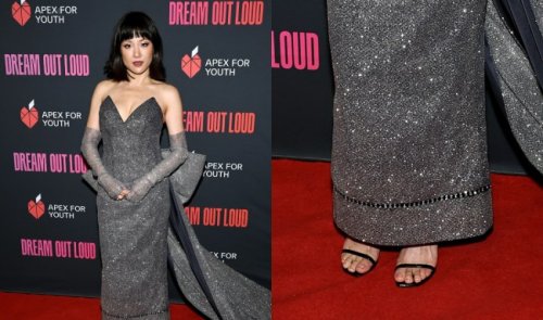 Constance Wu Shines in Barely-There Stuart Weitzman Sandals at Apex for Youth’s Gala