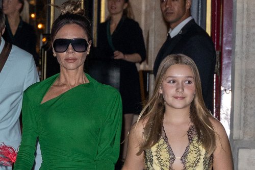 Victoria Beckham Thinks Pink in Pastel Dress With Daughter Harper Beckham