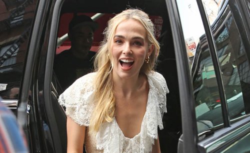 Zoey Deutch Gives Glittering Gown a Refined Twist With Lace & Bow Platform Sandals