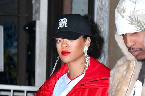 Rihanna Brings Sporty Glam to Date Night in Red Puffer, Jersey & Amina Muaddi Crystal Sandals