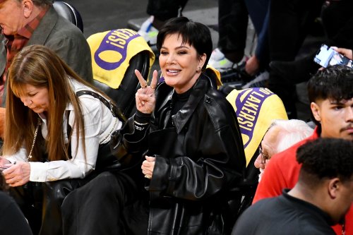 Kris Jenner Cheers Courtside in Lux Leather Jacket & Nike Sneakers at ...