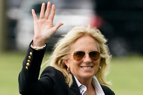 Jill Biden Continues Her Streak of Edgy Style in a Blazer, Waxed Skinny Jeans & Leather Sneakers