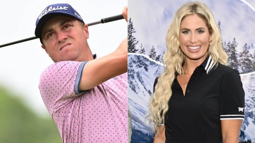 PGA Tour star Justin Thomas signs golf influencer Karin Hart's chest at tournament