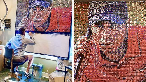 Tiger Woods fan creates mural of the player using 25,000 golf tees: See the artist's stunning design