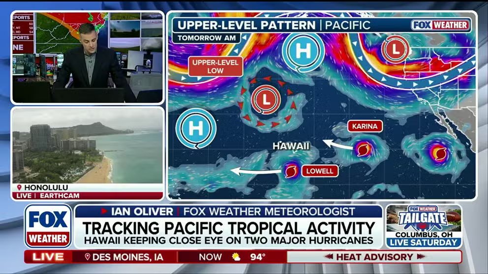 Hurricane Lowell rapidly intensifies to a Category 5 storm as Karina and Marie follow behind