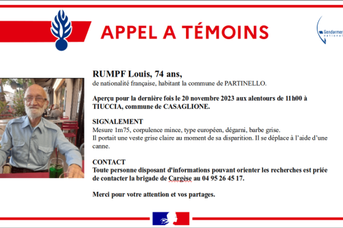 Casaglione : appel à témoins de la Gendarmerie après la disparition d'un septuagénaire