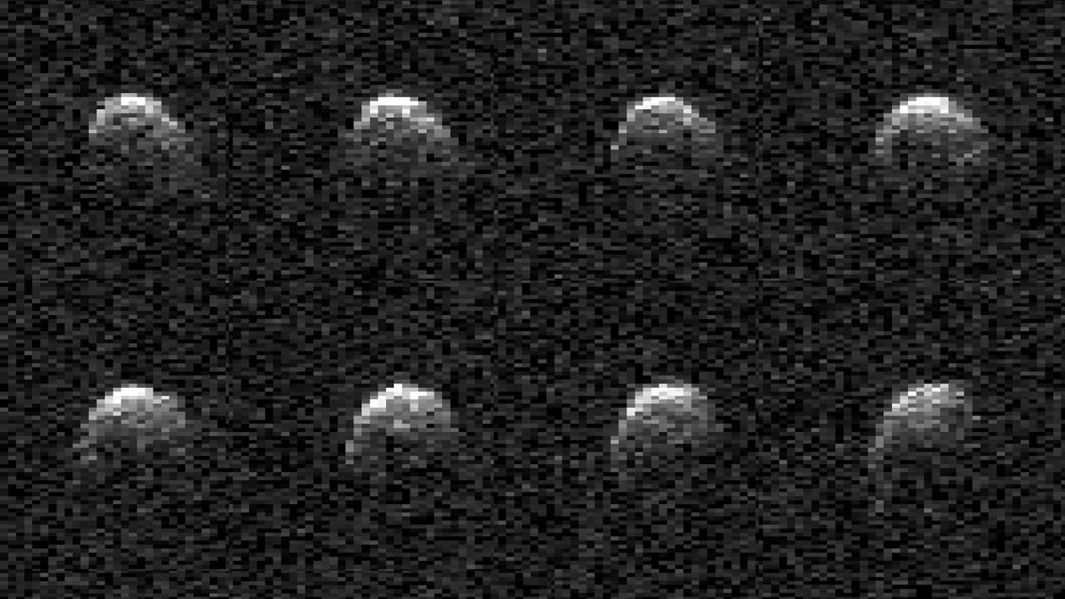 NASA radar images show stadium-size asteroid tumbling by Earth during flyby (photos)