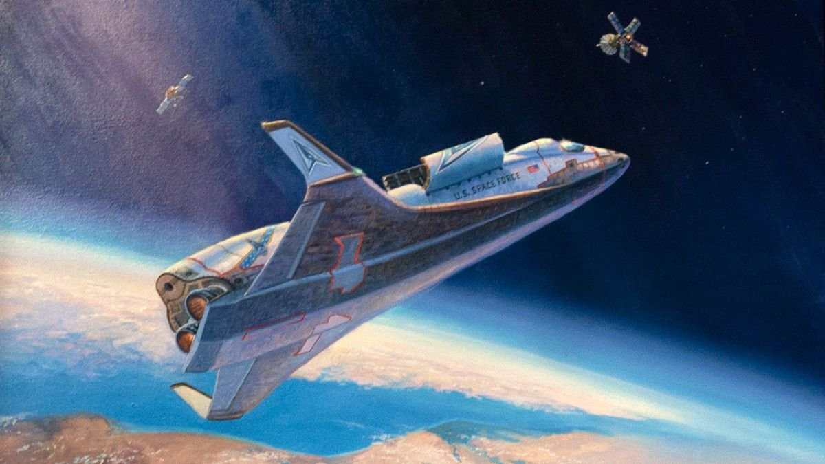 US Space Force's 1st official painting shows military space plane intercepting adversary satellite