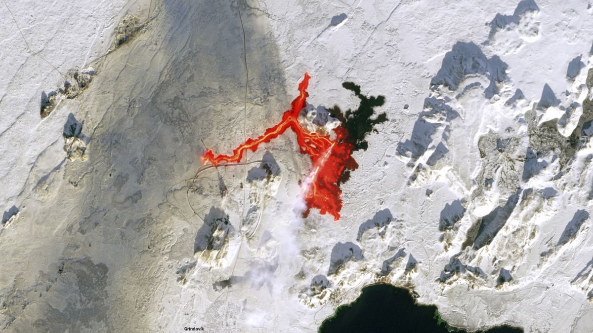 Lava bleeds from Iceland volcano into the frozen landscape in incredible satellite image