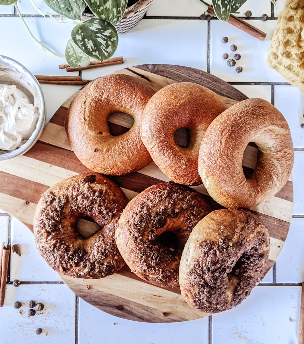 Sourdough Pumpkin Spice Bagels with Cinnamon Cream Cheese