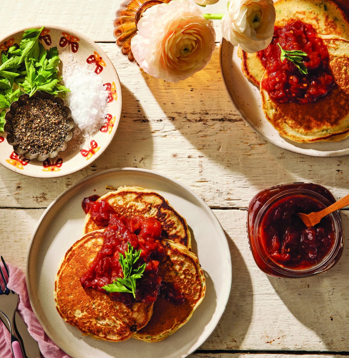 Garlic Parmesan Pancakes with Tomato Jam