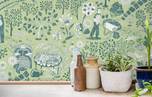 Scenes from an English garden on wallpaper by illustrator Alice Pattullo from Hamilton Weston