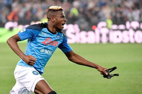 TOPSHOT - Napoli's Nigerian forward Victor Osimhen celebrates Napoli...
