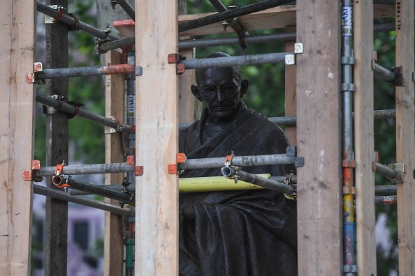 Protective barrier aroundMahatma Gandhi statue