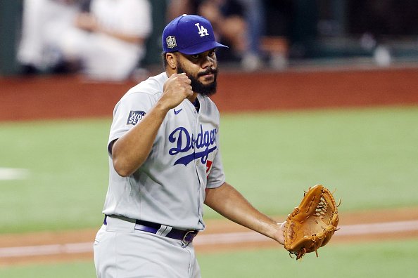 Kenley Jansen of the Los Angeles Dodgers celebrates after closing out...