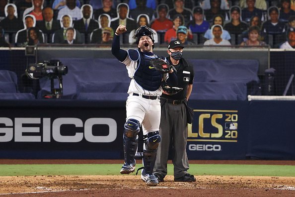 Mike Zunino of the Tampa Bay Rays celebrates a 4-2 win against the...