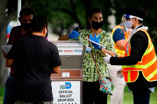 Poll workers are seen at a ballot drop box at Miami-Dade County...