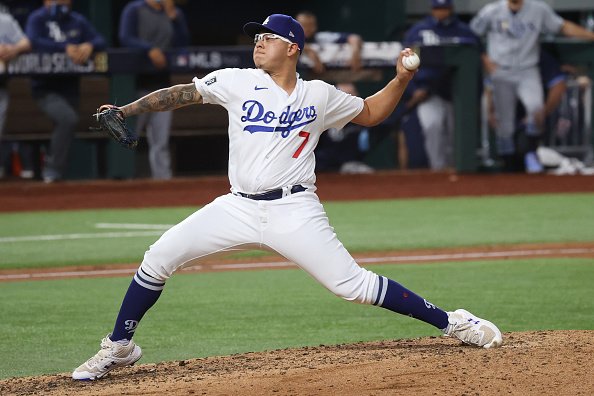 Julio Urias of the Los Angeles Dodgers pitches in the seventh inning...