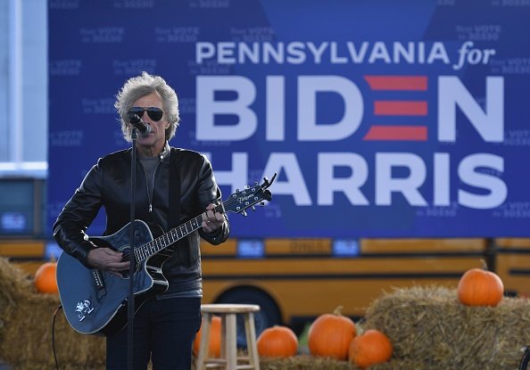 Singer Jon Bon Jovi performs during a Biden-Harris Drive-In rally at...